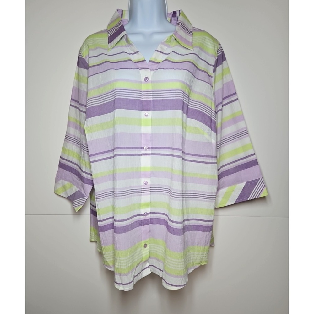 CJ Banks Women's Striped 3/4 Sleeve‎ Button Front Blouse Size 1X NWT